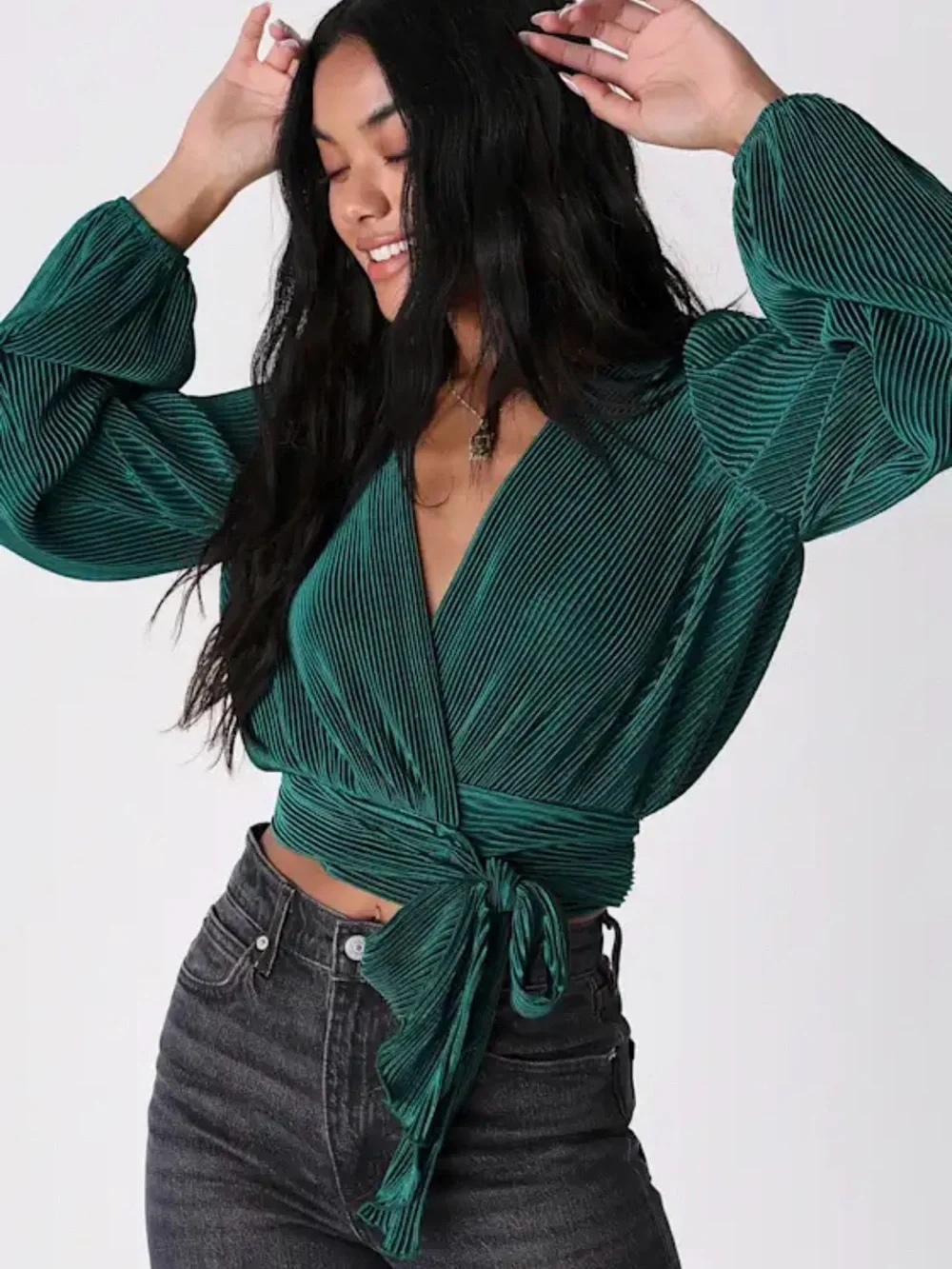 Lulu's Emerald Green Pleated Wrap Crop Top